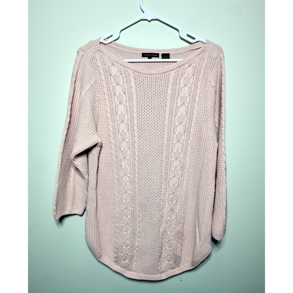 Jeanne Pierre Womens Pink Cable Knit Boat Neck Sweater Sz XL Fisherman Cotton